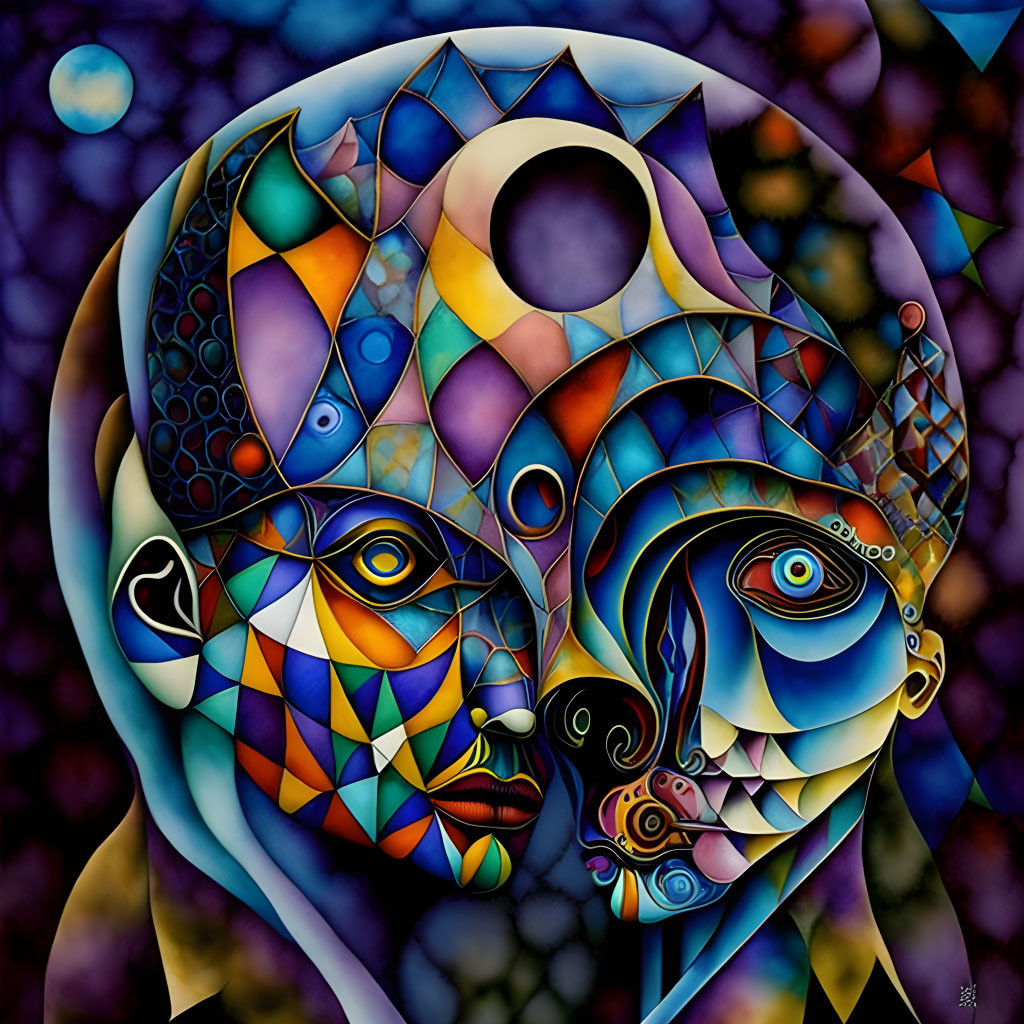 Vibrant abstract art: two faces intertwined with geometric shapes