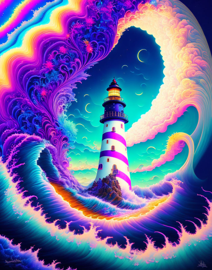 Colorful Surreal Artwork: Striped Lighthouse in Swirling Waves and Nebula Sky