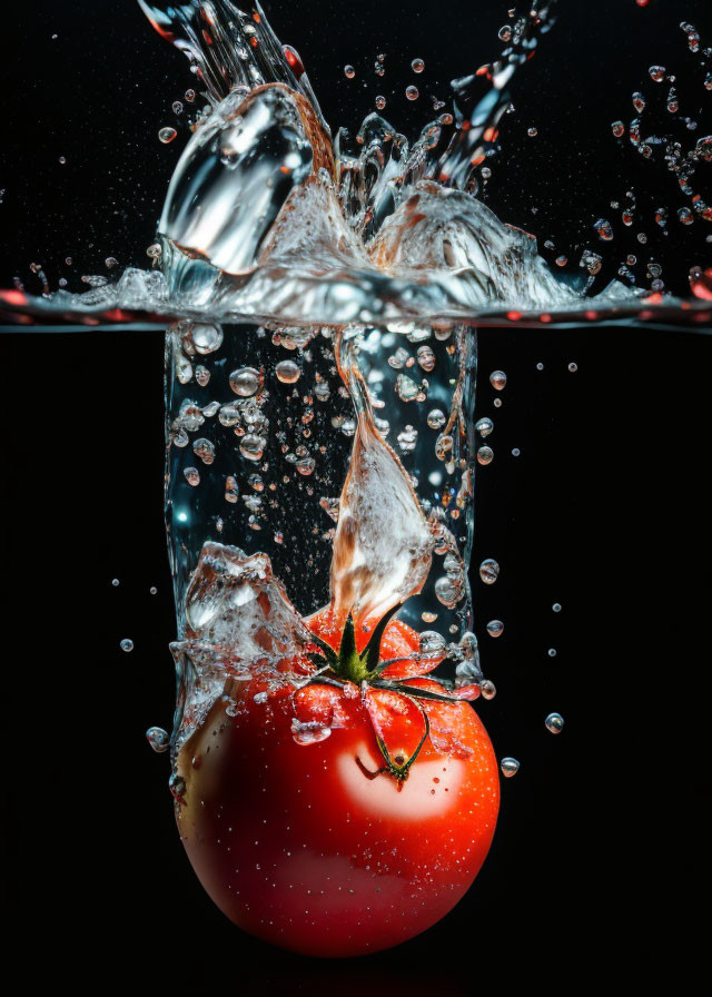 Ripe tomato splashing in water with bubbles and droplets on dark background