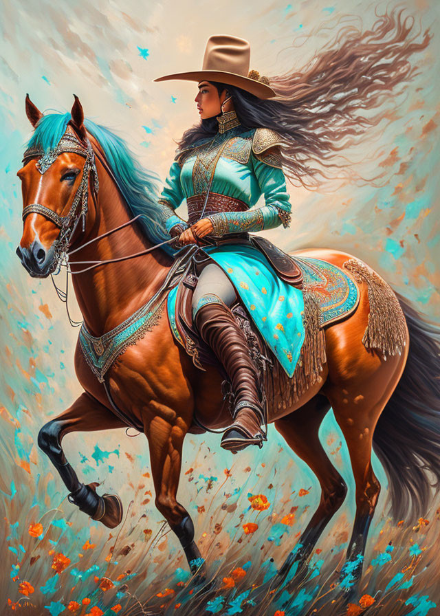 Woman in teal and brown traditional attire riding chestnut horse