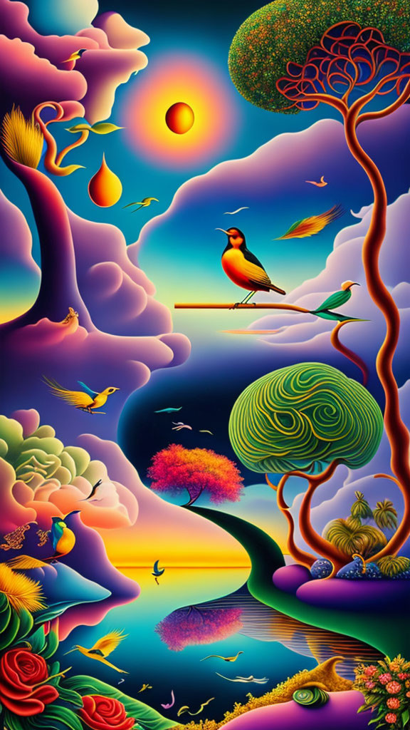 Colorful Birds, Whimsical Trees, River, Flowers & Fiery Sun in Surreal Landscape