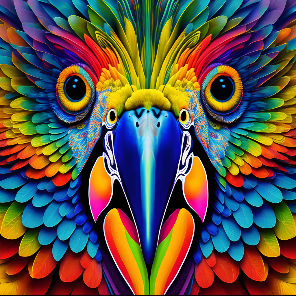 Symmetrical digital artwork of a colorful parrot