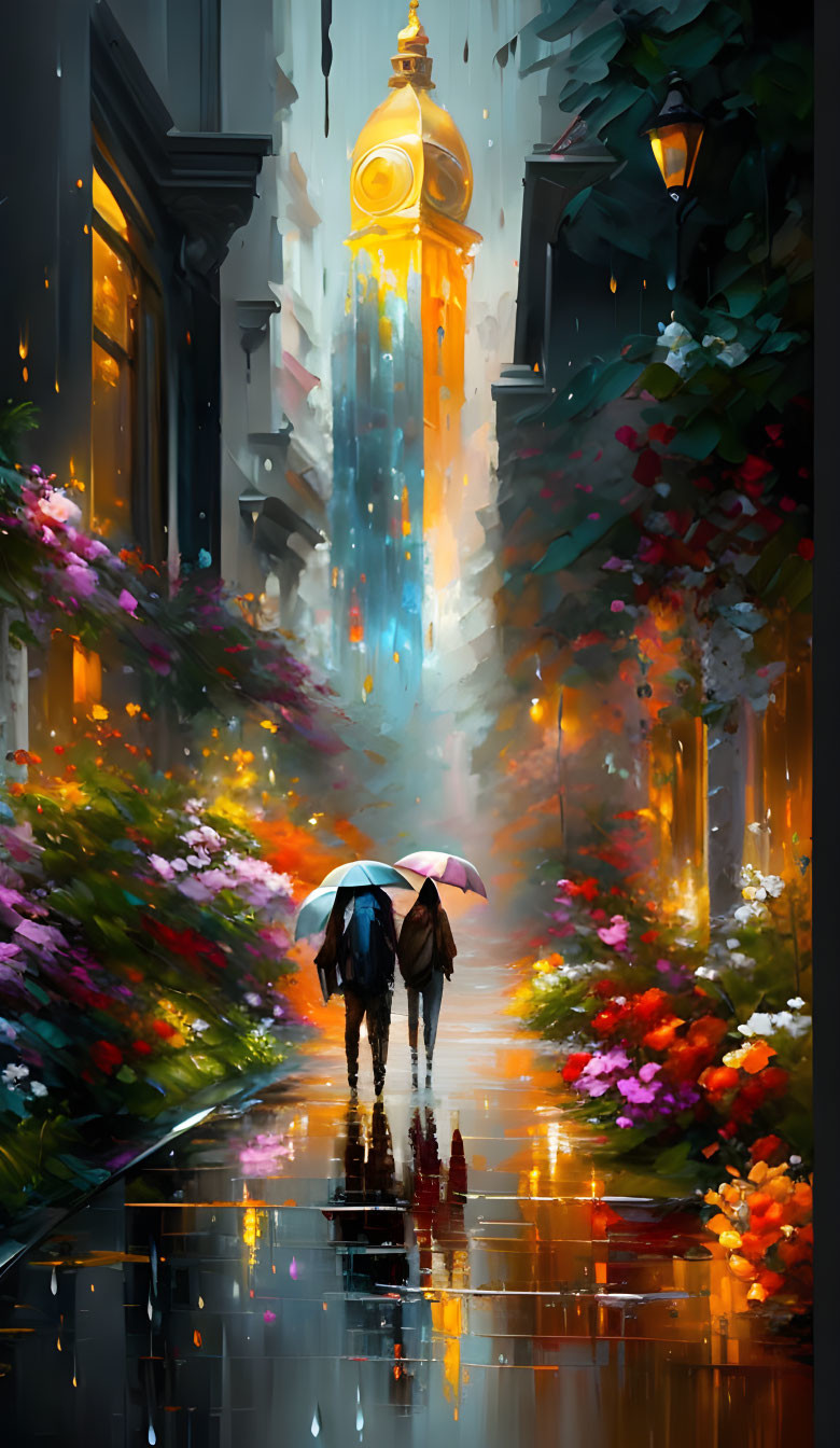 Couple with umbrellas on flower-lined wet street with glowing street clock