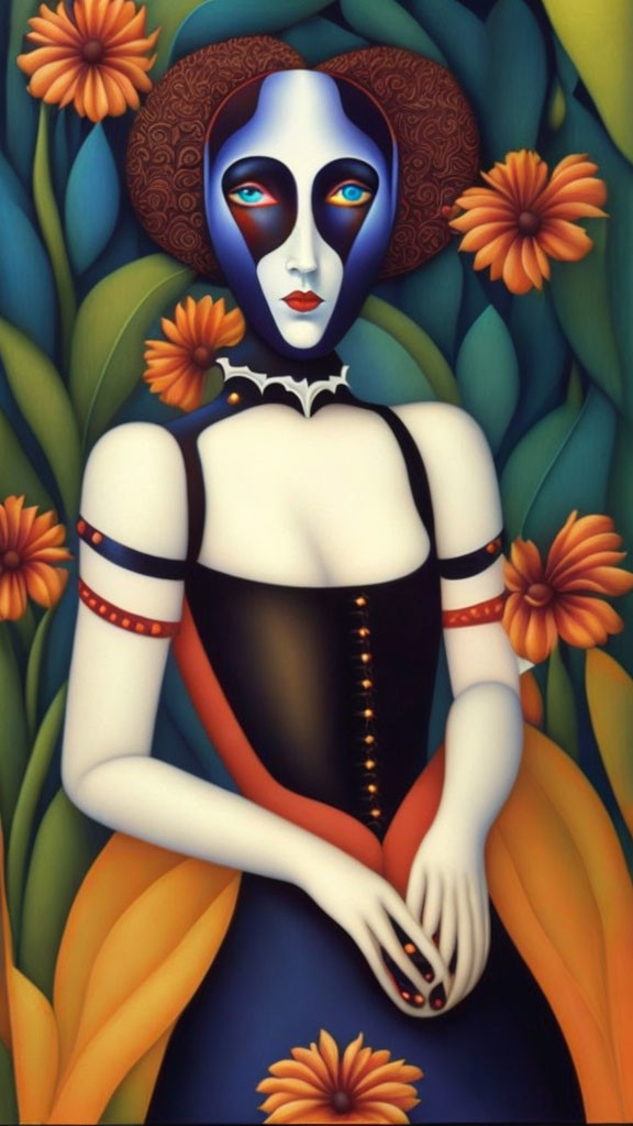 Surreal blue-skinned woman in black corset with orange flowers.