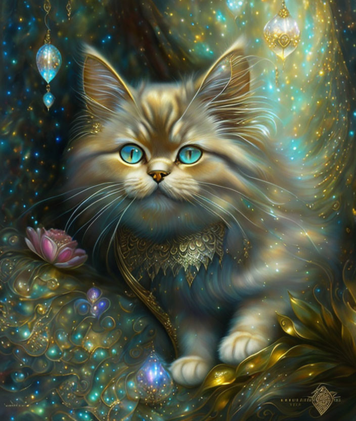 Fluffy cat with glowing blue eyes in mystical setting