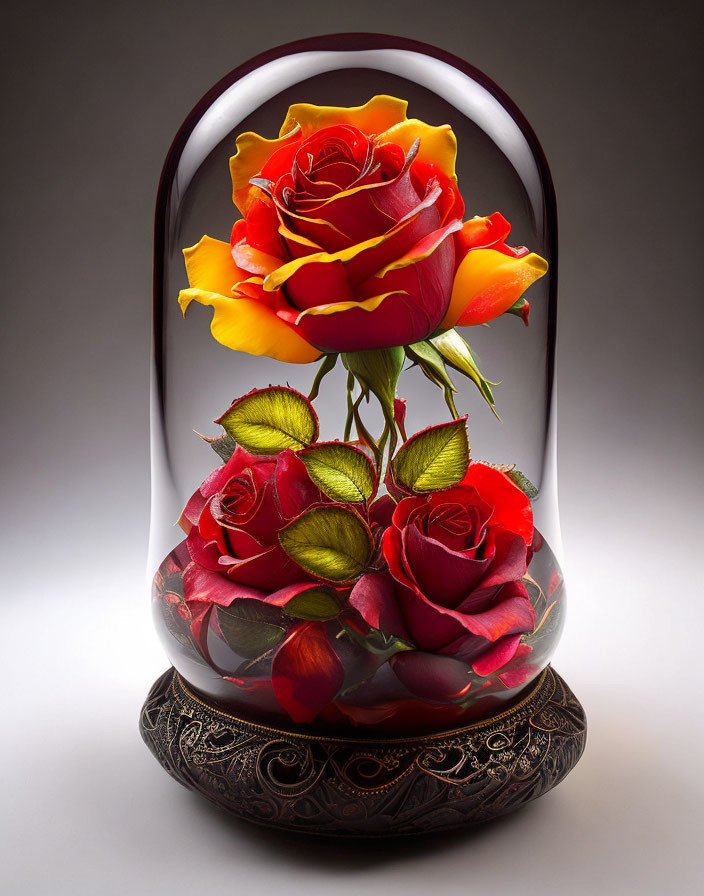 Red and Yellow Roses in Glass Bell Jar on Dark Base