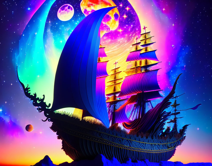 Colorful digital artwork: Fantastical ship in cosmic sea