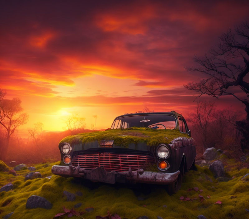 Vintage car covered in moss under dramatic sunset sky