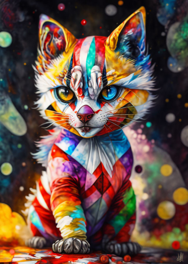 Colorful Cat Painting Against Cosmic Background