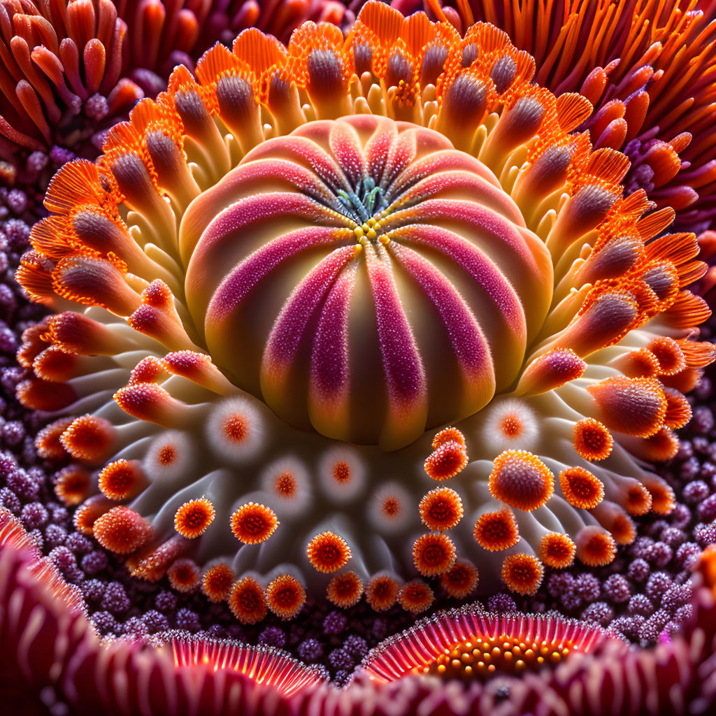 Colorful Sea Anemone Close-Up with Patterned Center and Orange-Tipped Tentacles