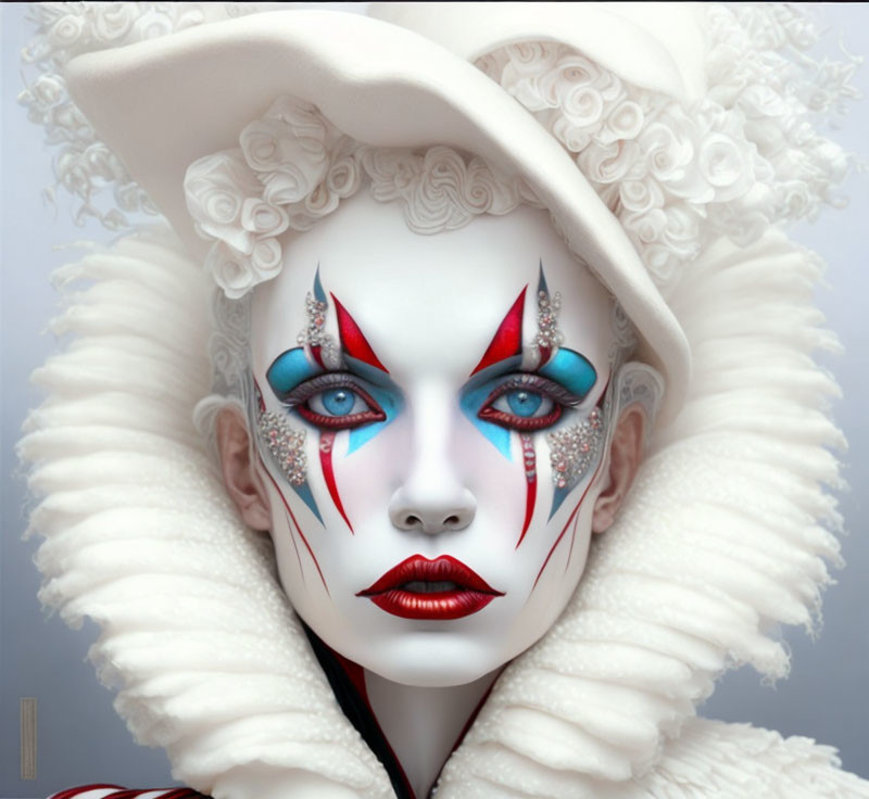 Elaborate White Makeup with Red and Blue Accents