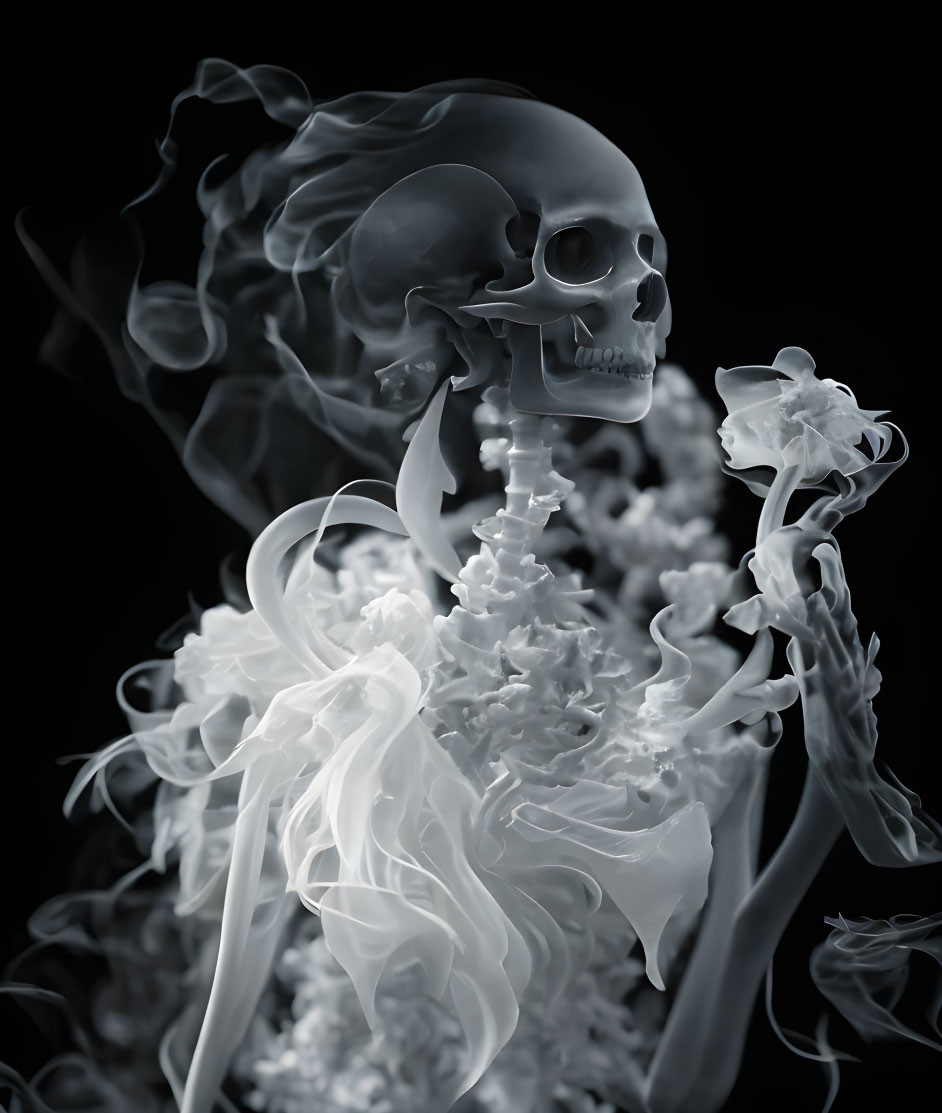 Monochromatic human skull and spine with swirling smoke textures