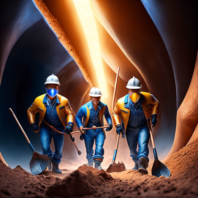 Three workers in hard hats and high-visibility vests with shovels in a sunlit cavern.