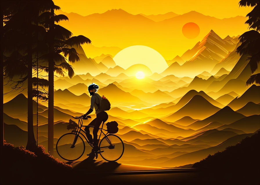 Cyclist on mountain road at sunset with palm trees and hills.