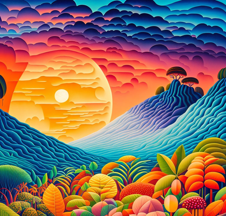 Colorful Stylized Landscape with Layered Hills and Sun