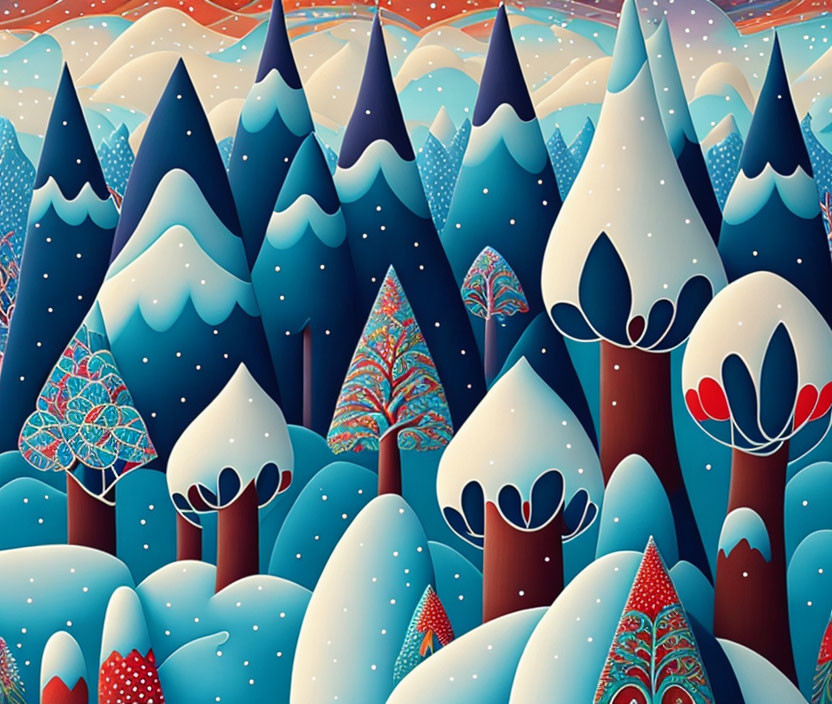 Winter forest illustration with stylized snowy trees and red swirls.