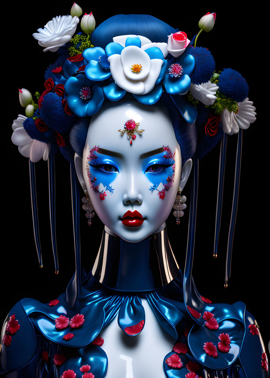 Stylized portrait of figure with blue skin and floral motifs