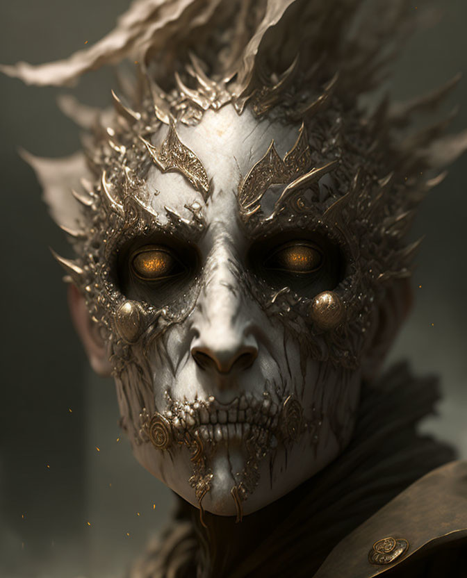 Detailed ornate silver mask with golden eyes and dark cloak.