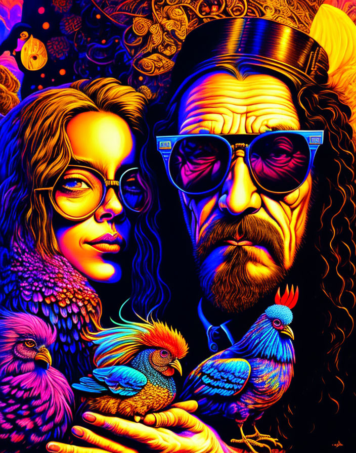 Colorful psychedelic portrait with man and woman in glasses and birds in 1960s-70s