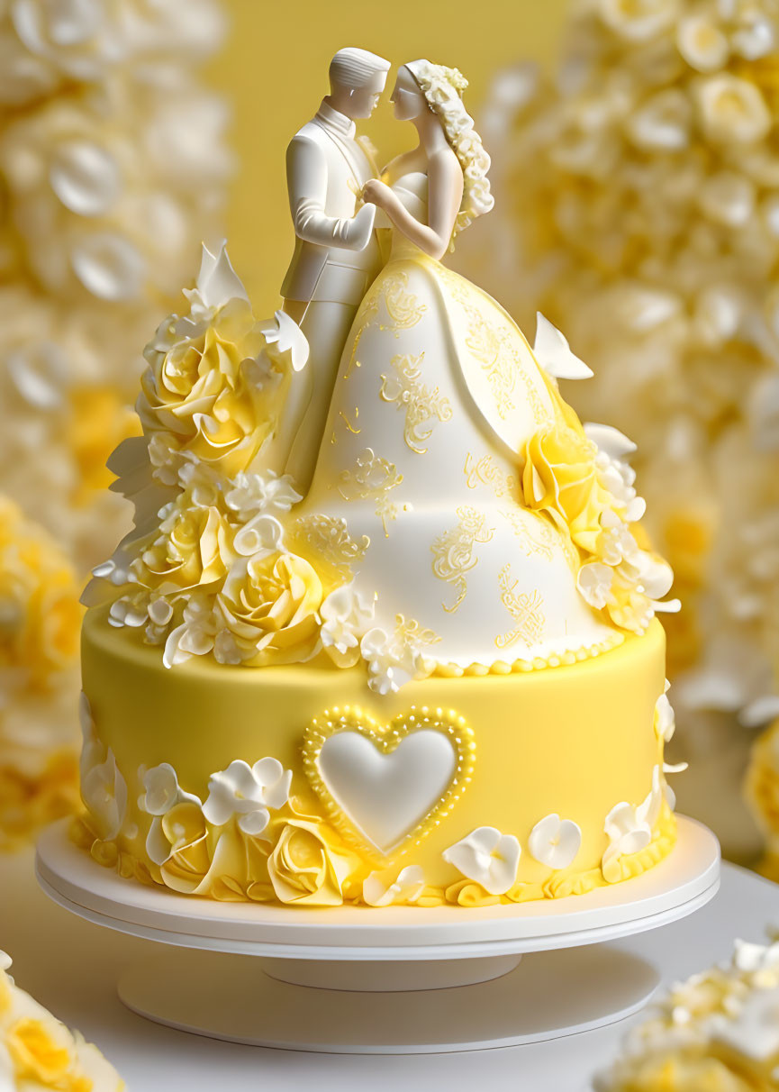 Yellow and White Floral Wedding Cake with Bride and Groom Topper