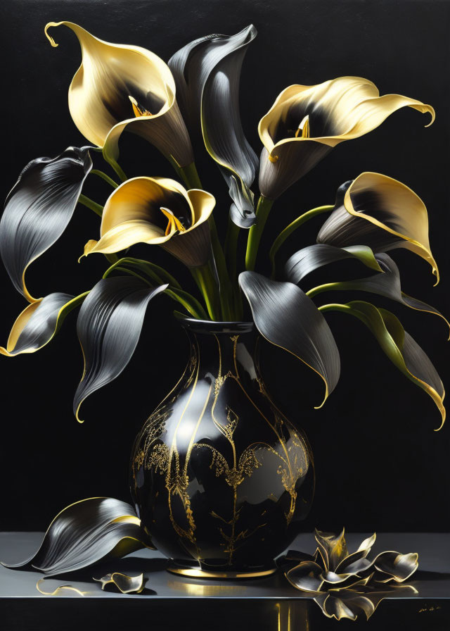 Hyper-realistic painting: Black vase with gold designs, calla lilies, reflective surface, dark