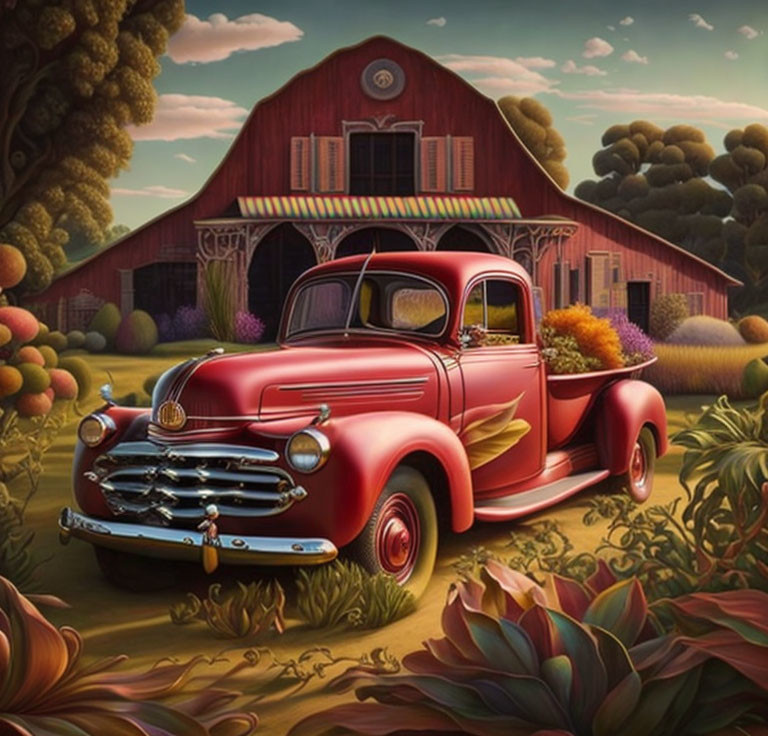 Vintage Red Pickup Truck Filled with Flowers in Front of Barn at Sunset