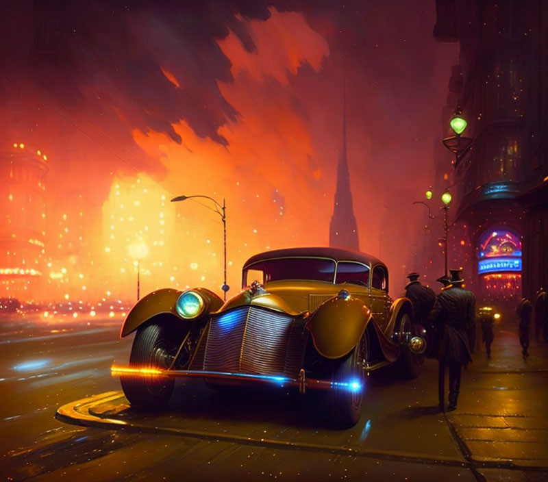 Vintage car on wet street at twilight, futuristic cityscape, glowing lights, figures walking