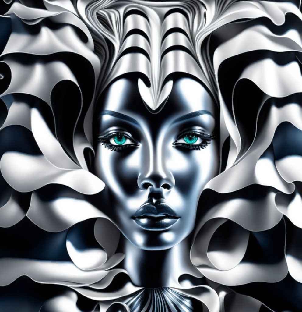 Abstract black and white swirling patterns with female face and piercing blue eyes