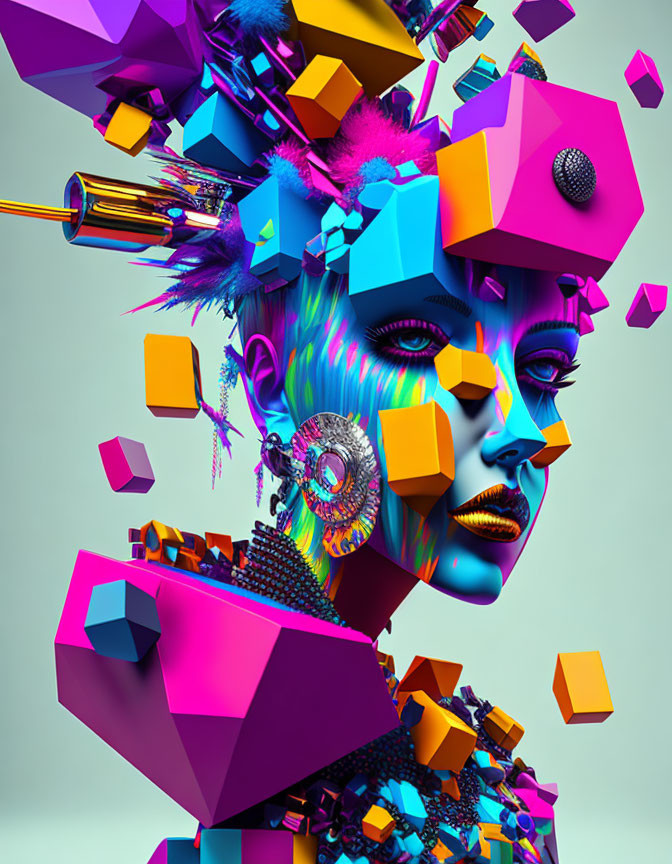 Abstract digital artwork of stylized female face with geometric shapes in futuristic design