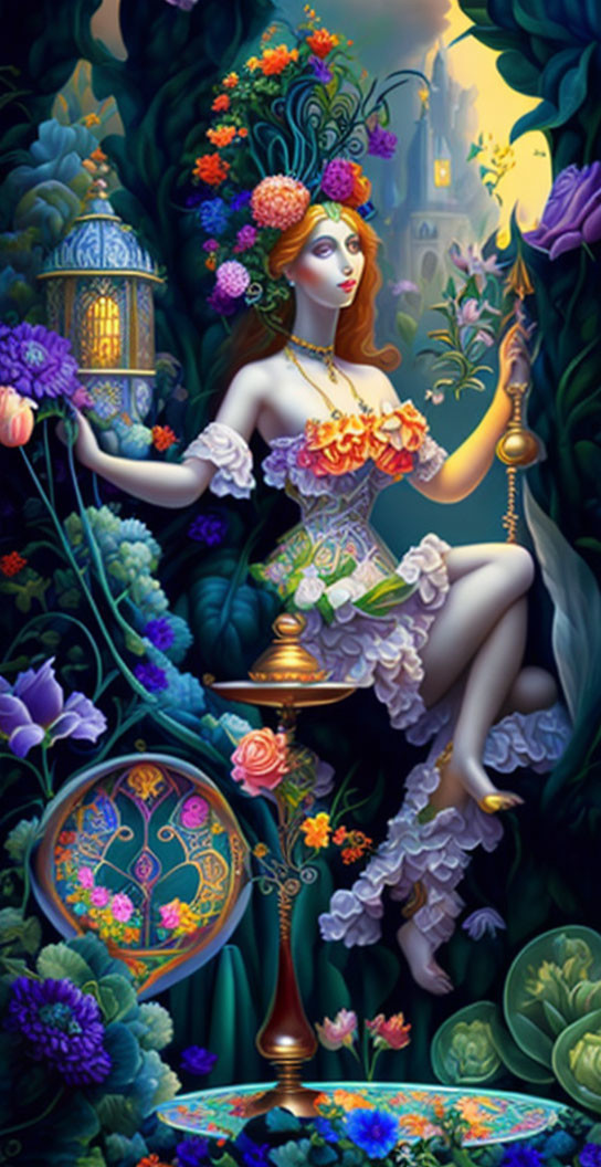 Mystical woman with flowers, scepter, birdcage in garden castle setting