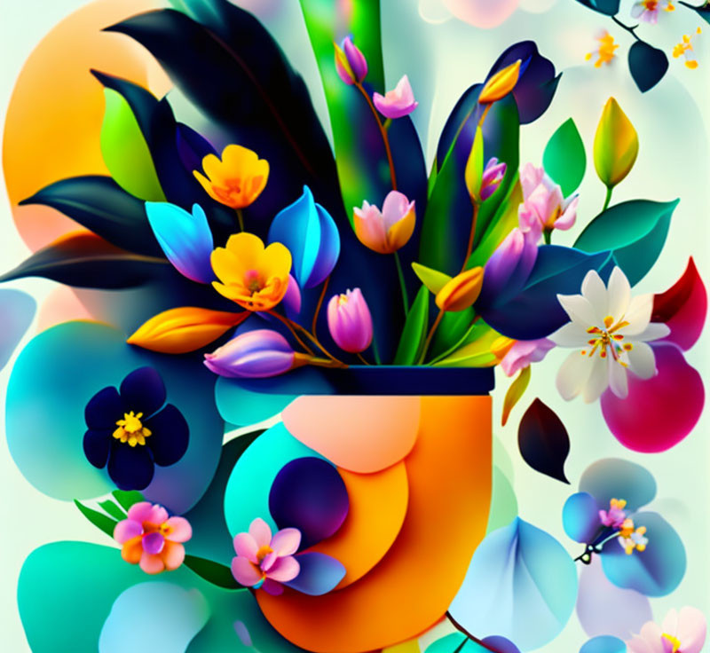 Vibrant digital art of vase with stylized flowers and leaves