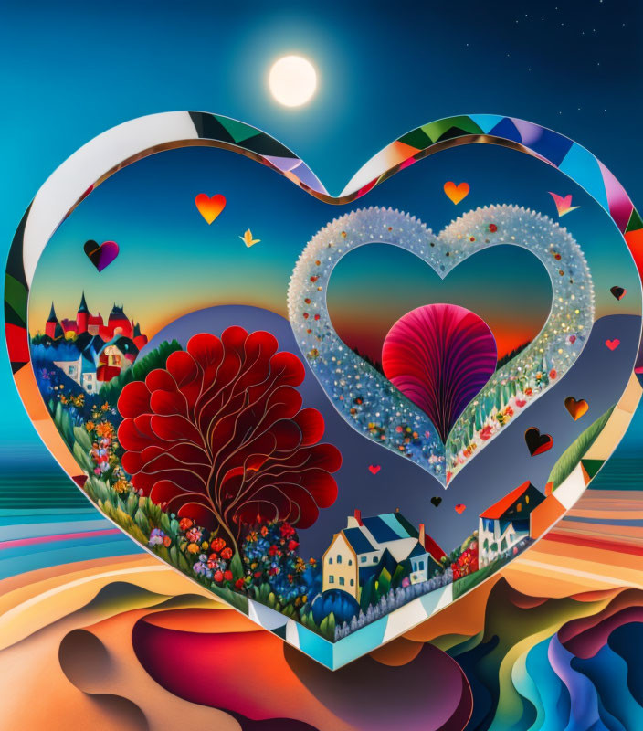 Colorful Heart-Shaped Artwork of Whimsical Landscape Under Sunset Sky