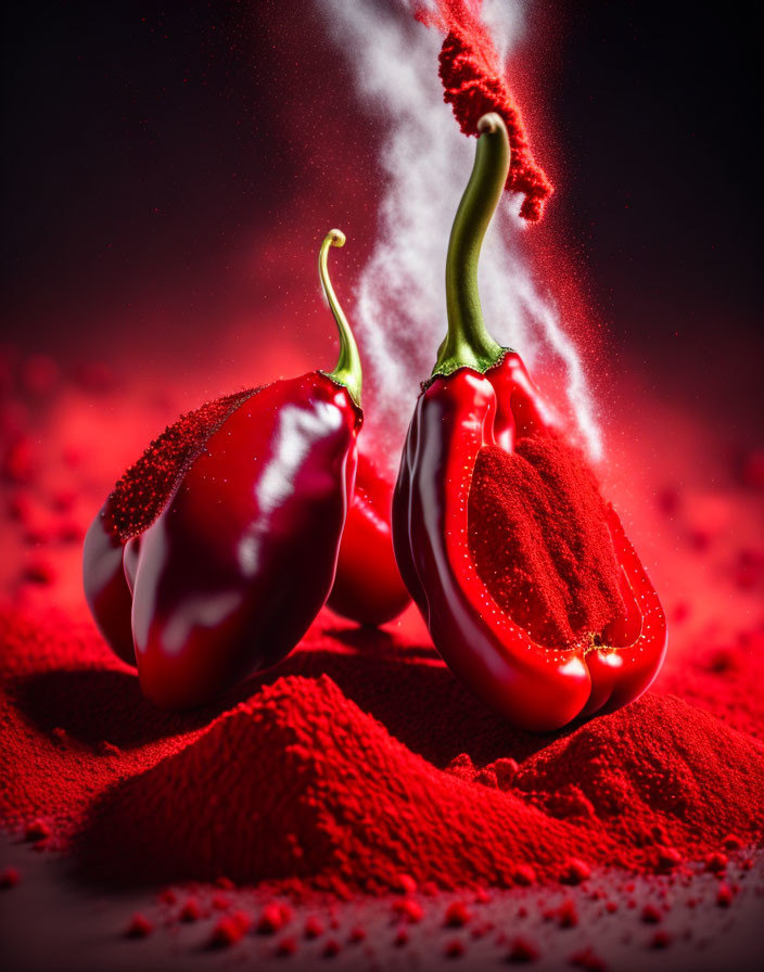 Vibrant red chili peppers and powder on dark background