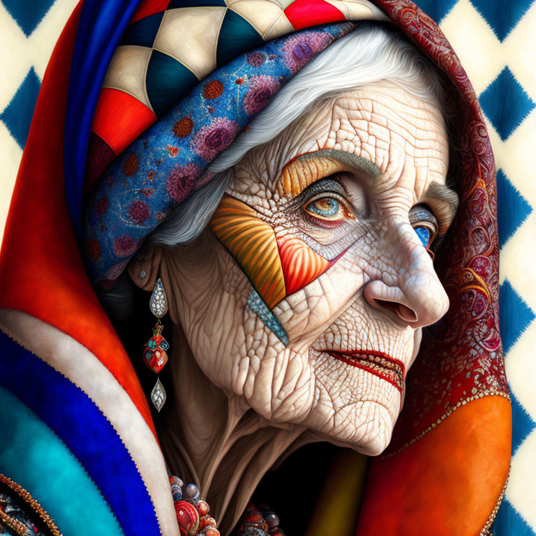 Elderly woman with vibrant face paint and headscarf, showing wisdom and cultural richness