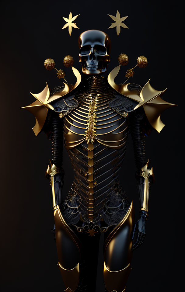 Digital Art: Skeletal Figure in Gold Armor on Dark Background