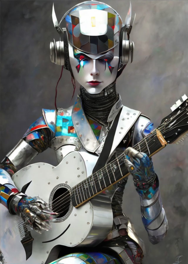 Futuristic robotic humanoid playing white guitar with elaborate headgear