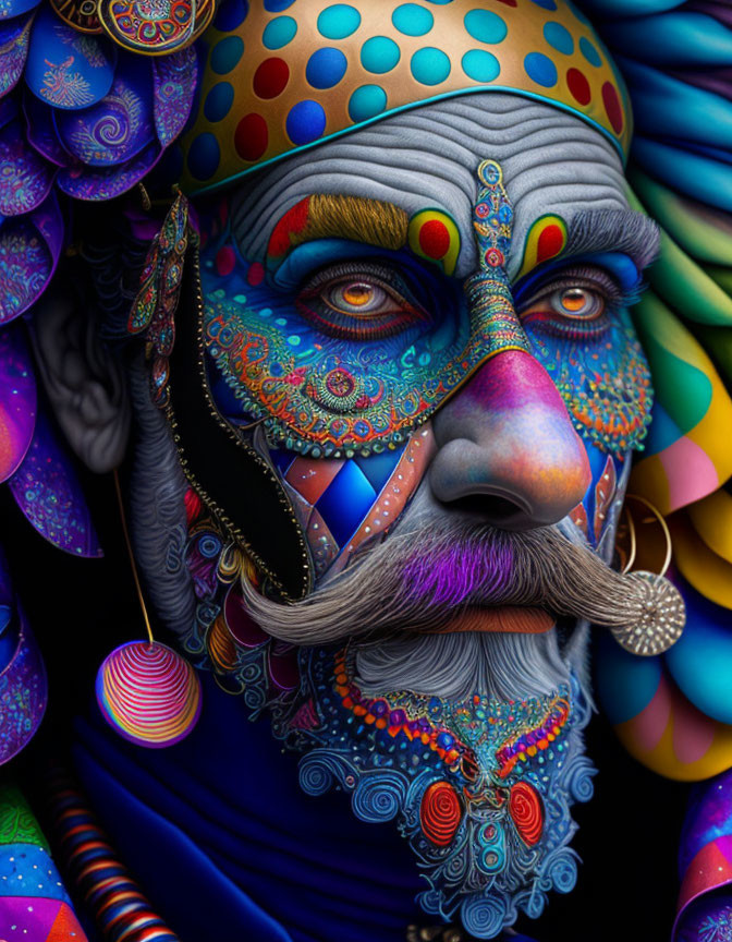 Detailed Portrait of Character with Colorful Face Paint and Decorated Headgear