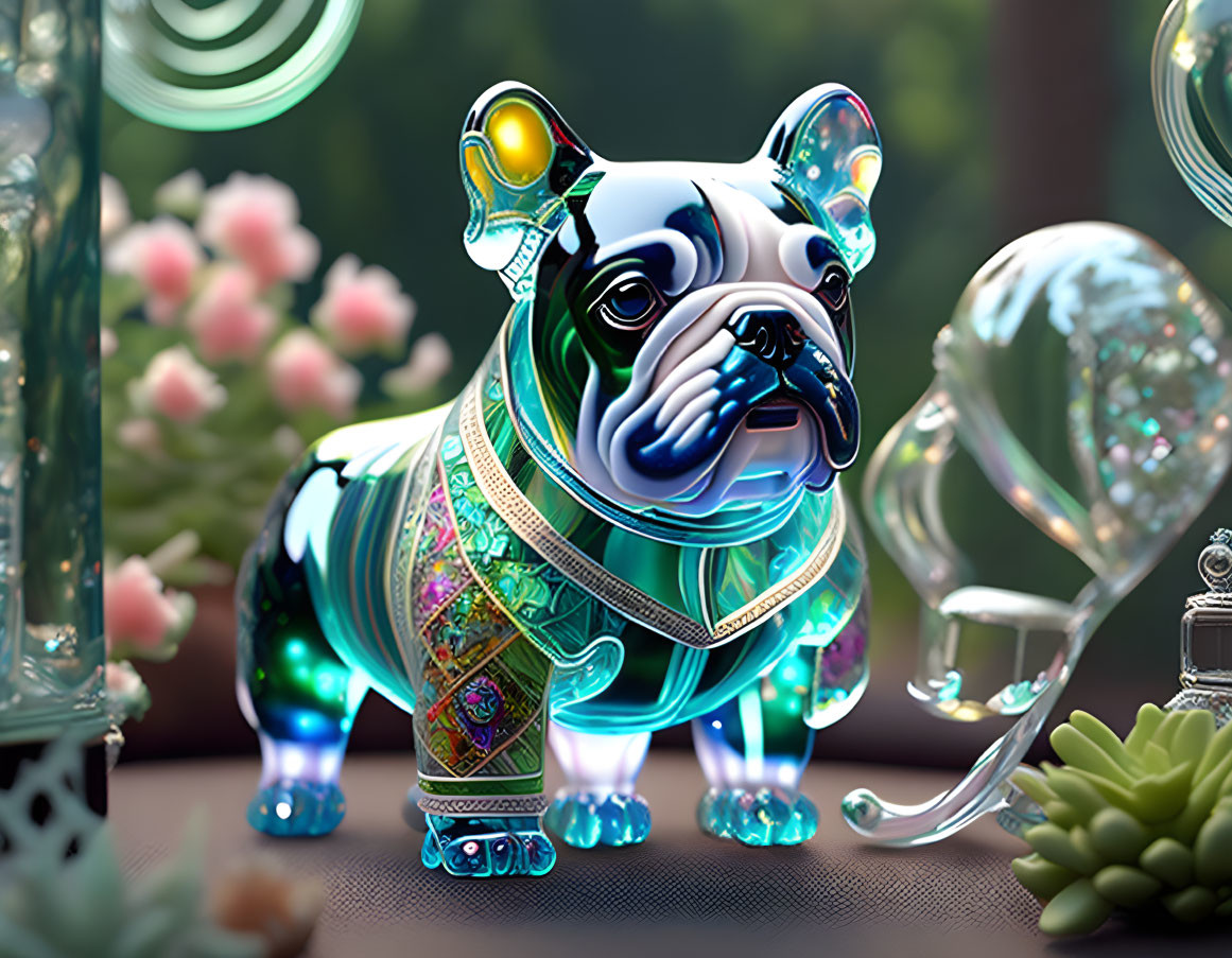 Futuristic bulldog sculpture with iridescent hues among crystal orbs and foliage