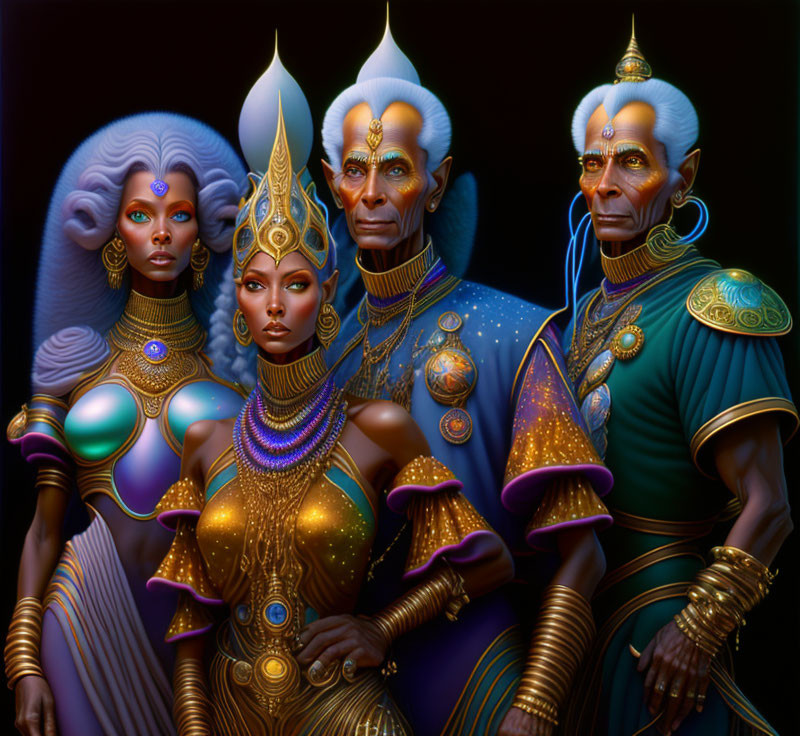 Blue-skinned characters in ornate gold and teal attire exude elegance and authority