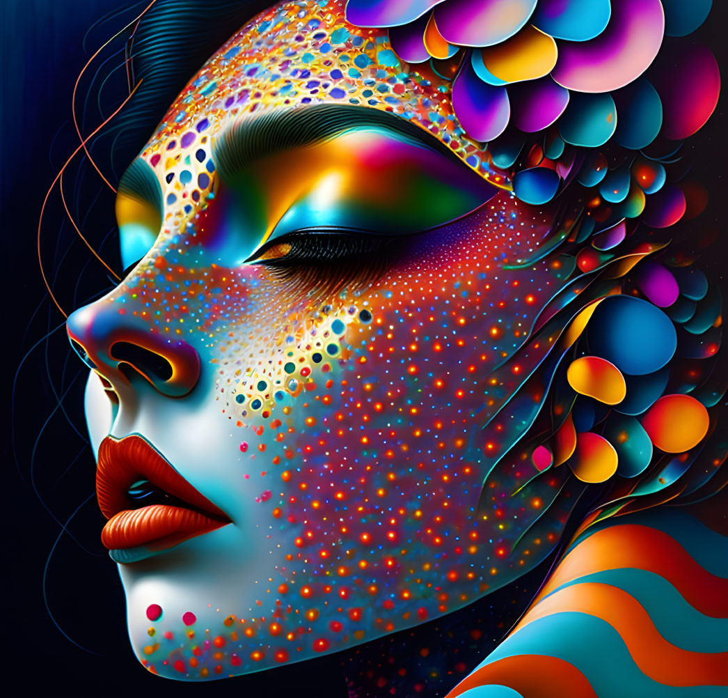 Vibrant digital artwork of a woman's profile with colorful patterns