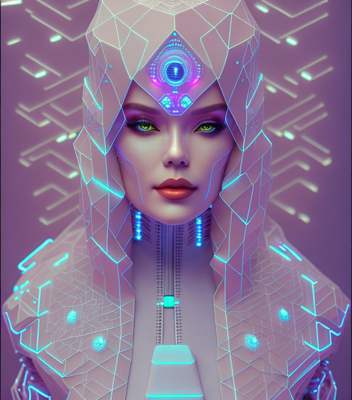 Female cyborg with geometric hood, blue glowing eyes, and third eye symbol