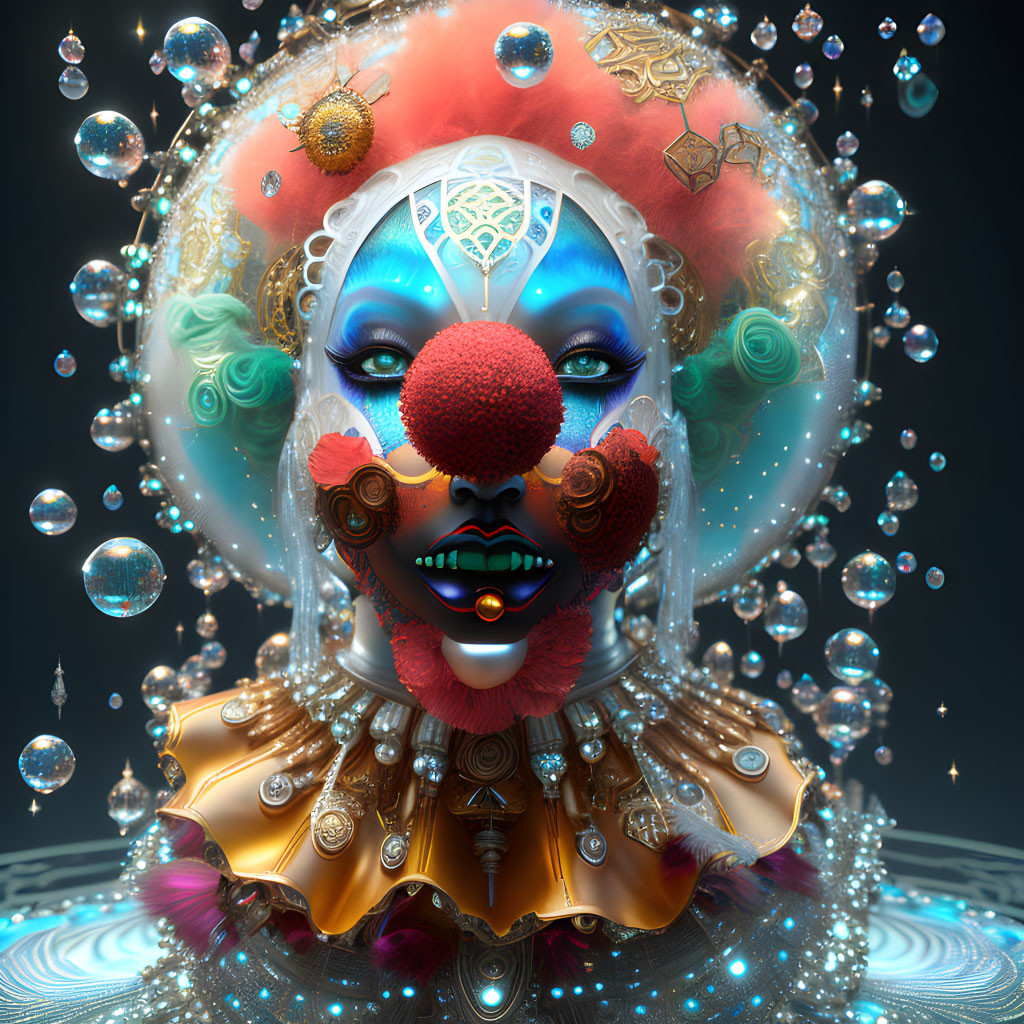 Colorful clown-like character with face paint and bubbles on dark background