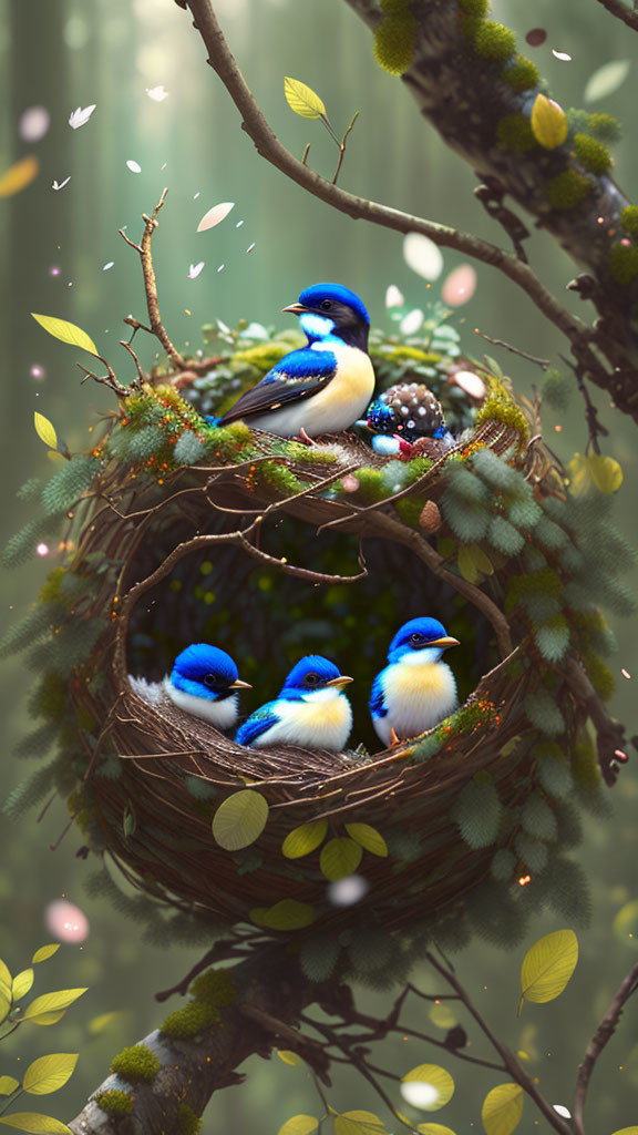 Colorful Bird Family Nestled Among Lush Branches