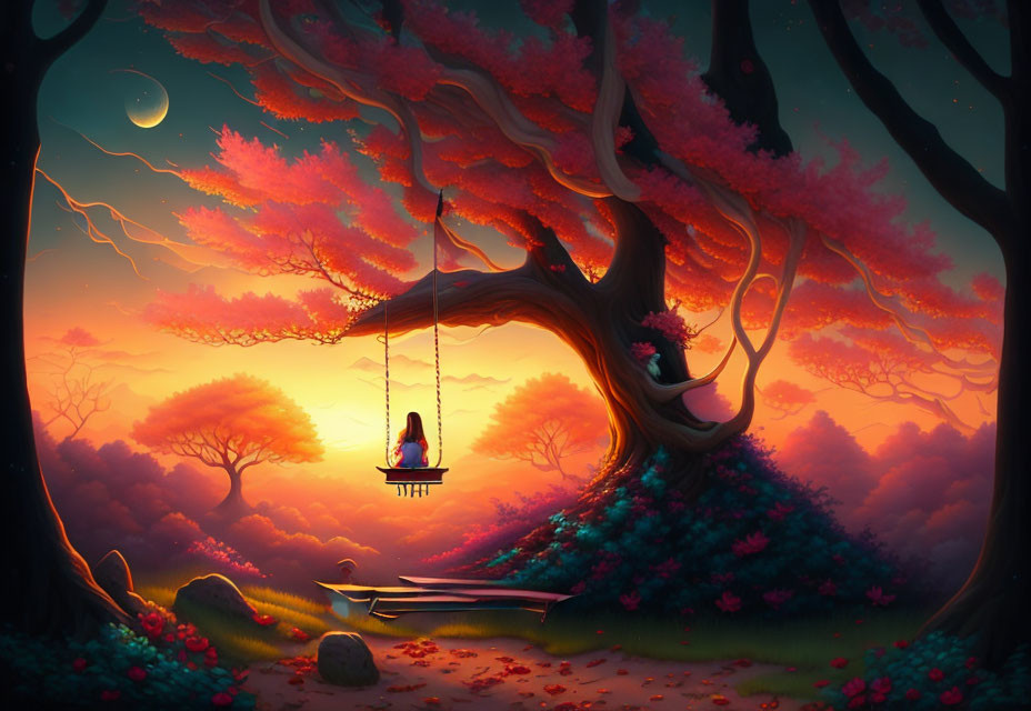 Person on Swing in Vibrant Pink Forest at Dusk