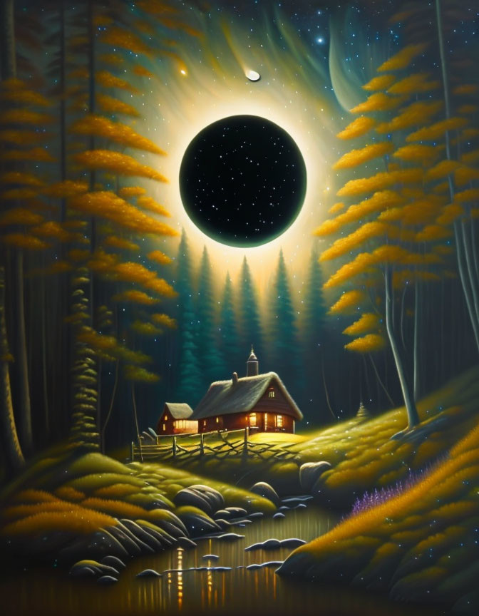 Surreal painting: Full moon, cozy cabin, golden trees, stars, serene pond