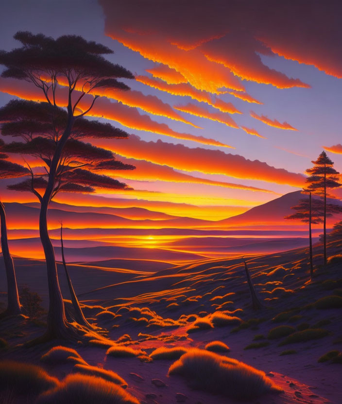 Orange Clouds Sunset over Tranquil Dunes Landscape
