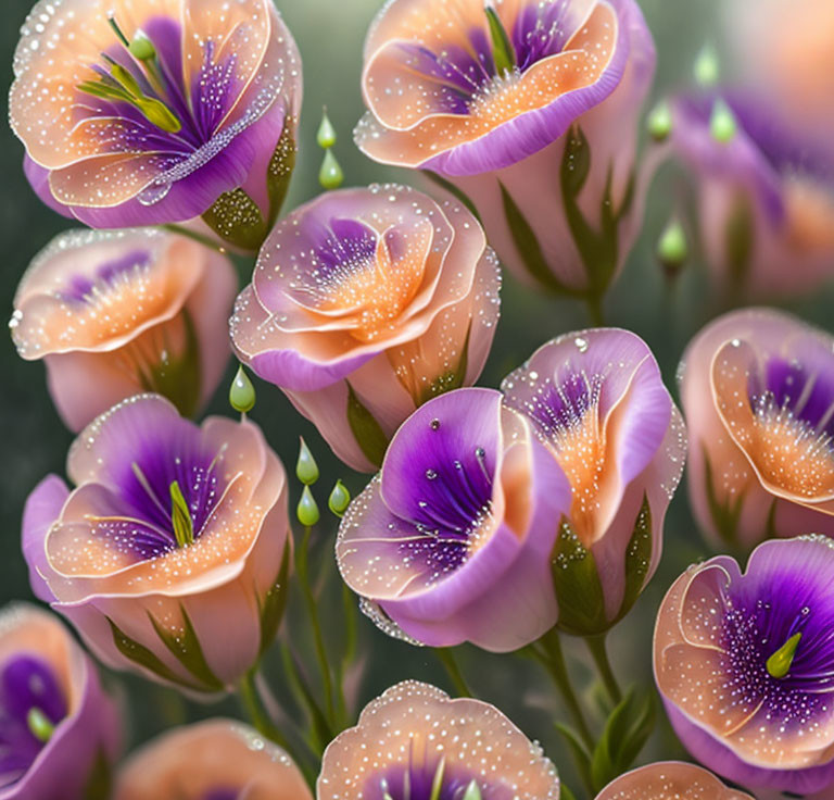 Cluster of Vibrant Purple Flowers with Dew Drops on Petals