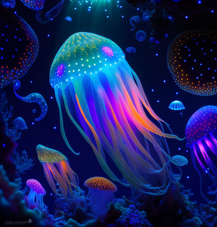 Colorful Neon Jellyfish in Dark Underwater Scene with Glowing Tentacles