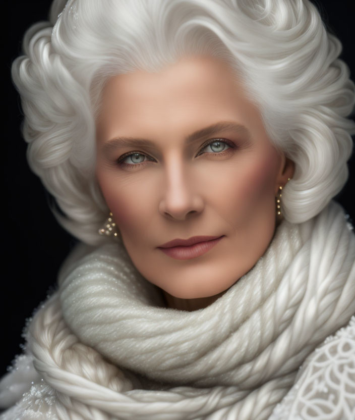 Portrait of elegant older woman with silver hair, blue eyes, white scarf, exuding grace