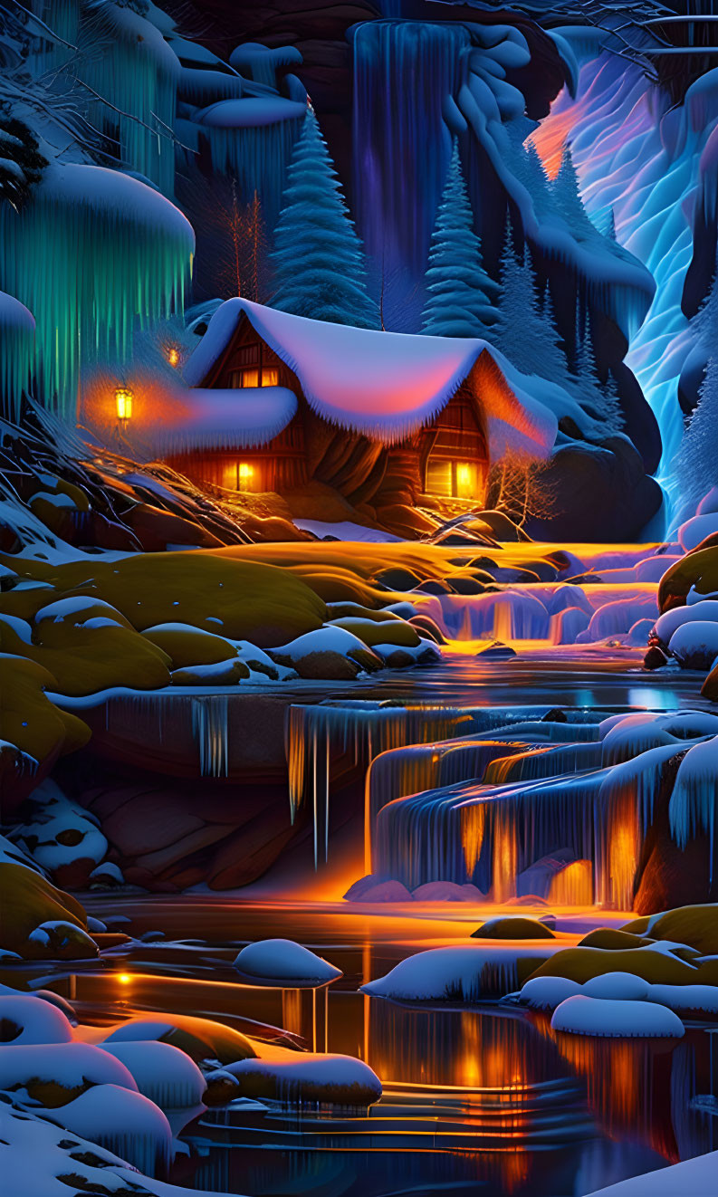 Winter Night Landscape: Illuminated Waterfalls, Snowy Cabin, Vibrant Blue Hues